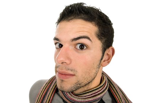 young silly man portrait in a white background