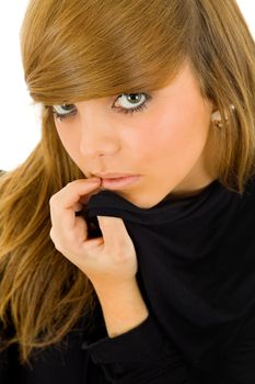 young casual blonde woman close up portrait