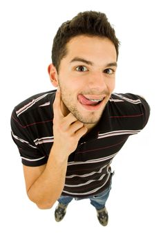 young casual silly man full length in a white background