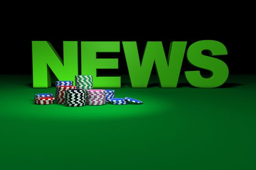 Poker and casino game concept with stacks of colored gambling chips and news sign on green table. Great background for magazines, blog, banner and advertising.