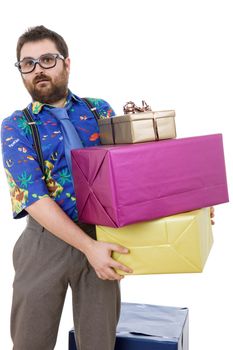 happy silly salesman with some boxes, isolated on white