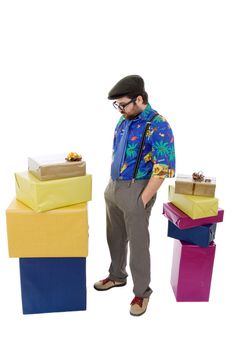 happy silly salesman with some boxes, isolated on white