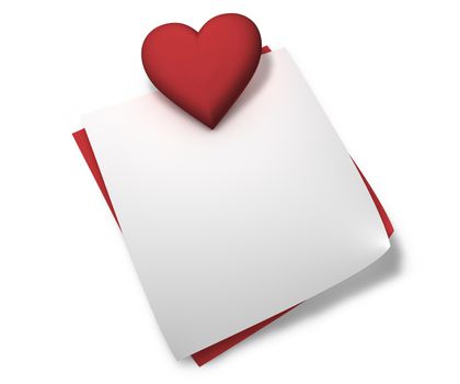 Love, passion and Valentine day concept. Heart shape and a blank white post-it with empty copy space for messages, notes and text on white background.