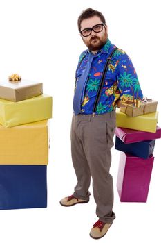 happy silly salesman with some boxes, isolated on white