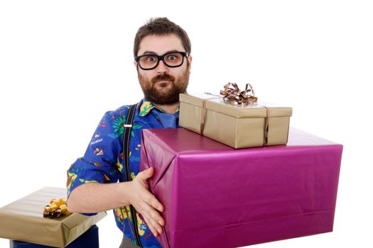 happy silly salesman with some boxes, isolated on white