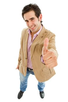 young casual man full body going thumbs up