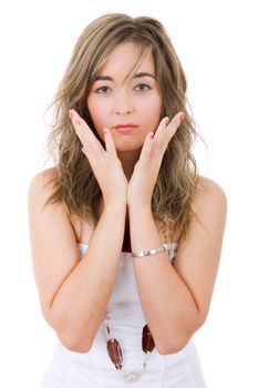 young casual beautiful woman, isolated in white