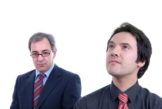 two business men portrait on white. focus on the right man