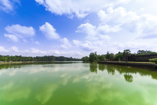 Moat Around Angkor Wat. Siem Reap Province of Cambodia. Largest religious monument in the world.