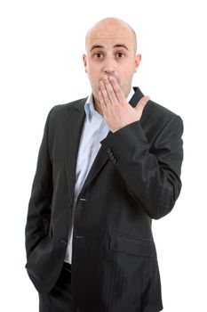 young casual worried man portrait in a white background