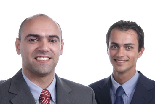 two young business men portrait on white. focus on the left man