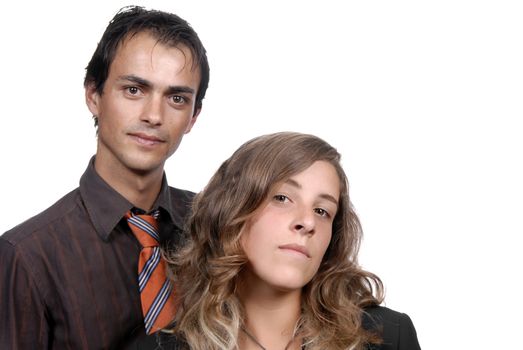 young couple together portrait isolated on white, focus on the woman