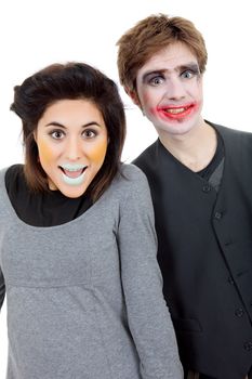 couple young people dressed as clowns, isolated