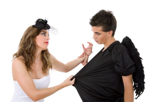 teen couple playing as actors on white background