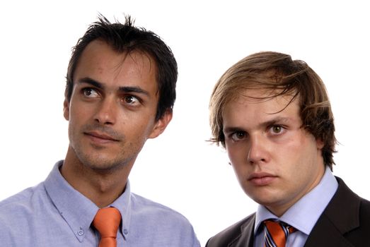 two young business men portrait on white.