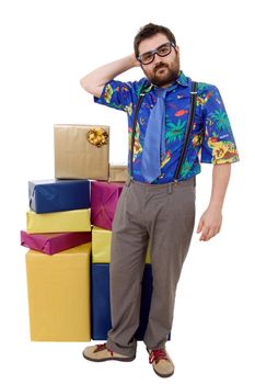 happy silly salesman with some boxes, isolated on white