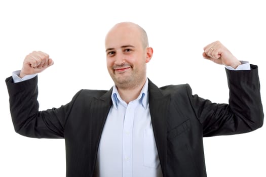 happy young man winning, isolated on white