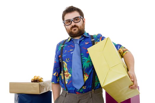 happy silly salesman with some boxes, isolated on white