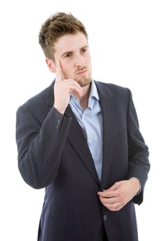 young casual man thinking, isolated on white