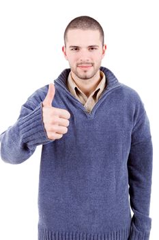 young casual man going thumb up, isolated on white