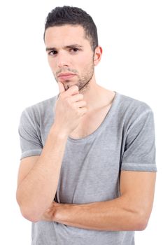 young casual man thinking, isolated on white