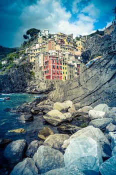 Retro Filtered Photo Of Riomaggiore Harbor In The Italian Riviera