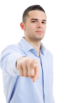 young casual man pointing, isolated on white