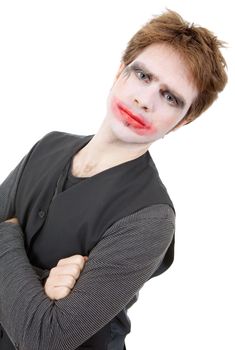 young man dressed as joker, isolated on white