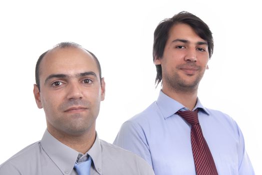 two young business men portrait on white. focus on the left man