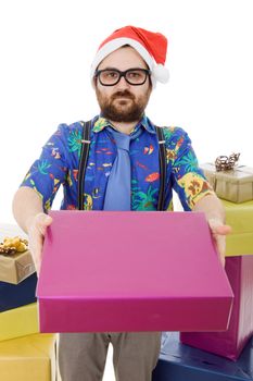 happy silly salesman with some boxes, isolated on white