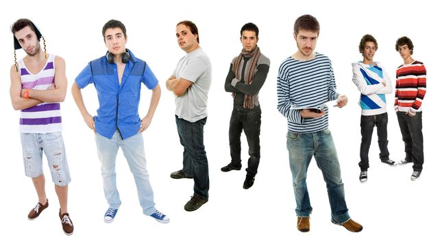 group of young men full body, isolated