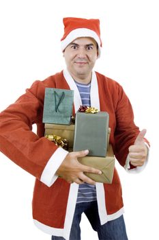 young man with santa hat holding some gifts, isolated