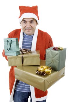 young man with santa hat holding some gifts, isolated