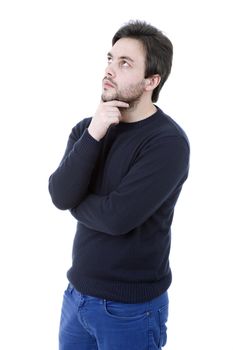 pensive young casual man portrait, isolated on white