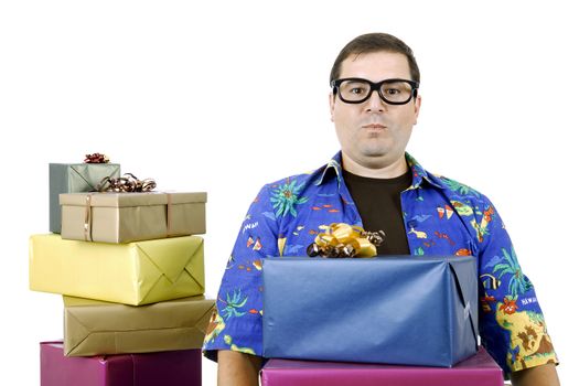 happy silly salesman with some boxes, isolated on white