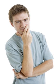 pensive young casual man portrait, isolated on white