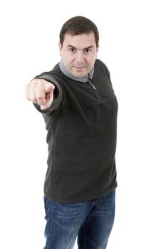 young casual man pointing, isolated on white