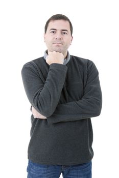 pensive young casual man portrait, isolated on white