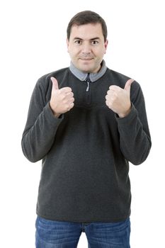 young casual man going thumb up, isolated on white