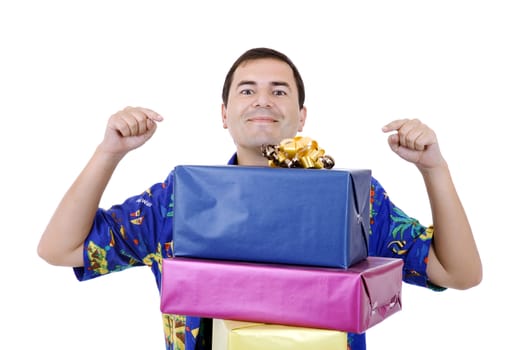 happy silly salesman with some boxes, isolated on white