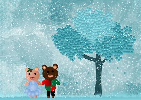 Christmas background with two cute teddy bears