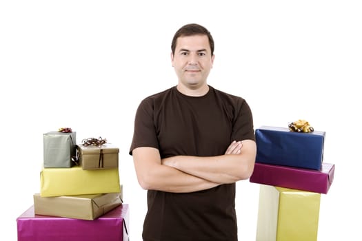 happy silly salesman with some boxes, isolated on white