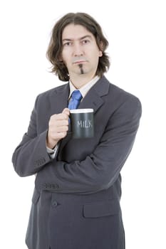 young business man with a cup of milk, isolated