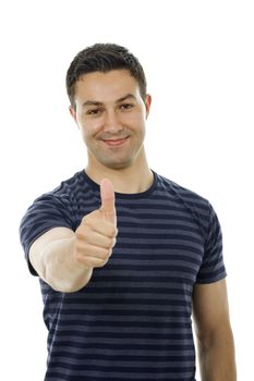 young casual man going thumb up, isolated on white