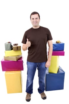 happy silly salesman with some boxes, isolated on white