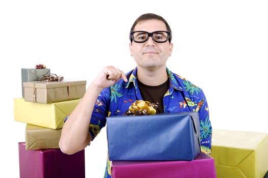 happy silly salesman with some boxes, isolated on white