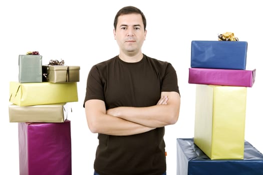 happy silly salesman with some boxes, isolated on white