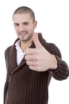 young casual man going thumb up, isolated on white