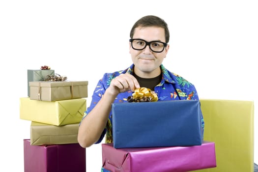 happy silly salesman with some boxes, isolated on white