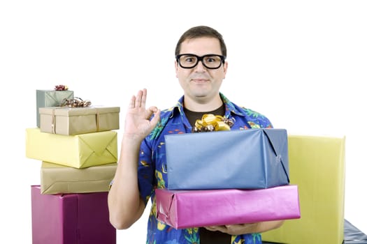 happy silly salesman with some boxes, isolated on white